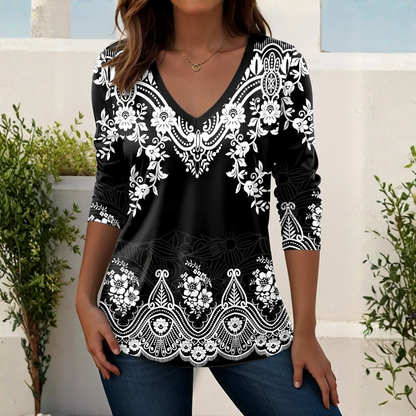 MAYA - Elegantes V-Ausschnitt Ethnisches Retro-Print T-Shirt