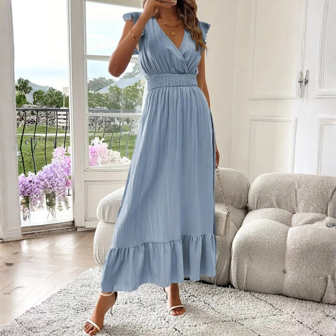 ELIRA | Elegantes Maxi-Kleid mit V-Ausschnitt und Rüschen