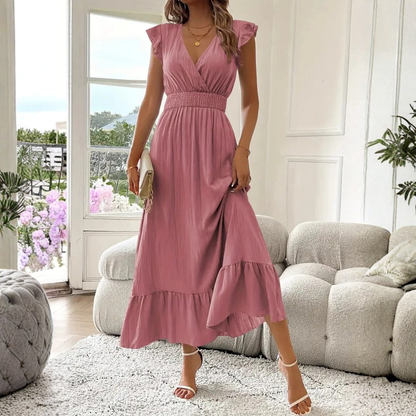 ELIRA | Elegantes Maxi-Kleid mit V-Ausschnitt und Rüschen
