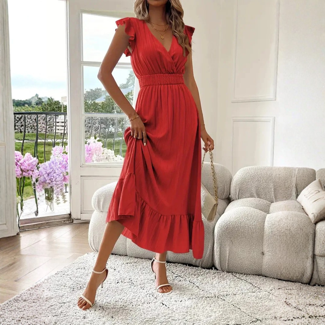 ELIRA | Elegantes Maxi-Kleid mit V-Ausschnitt und Rüschen