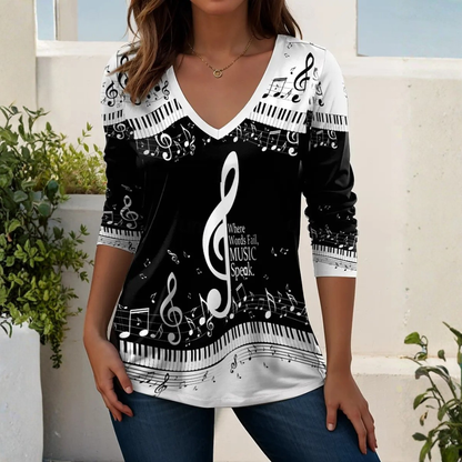 MAYA - Elegantes V-Ausschnitt Ethnisches Retro-Print T-Shirt