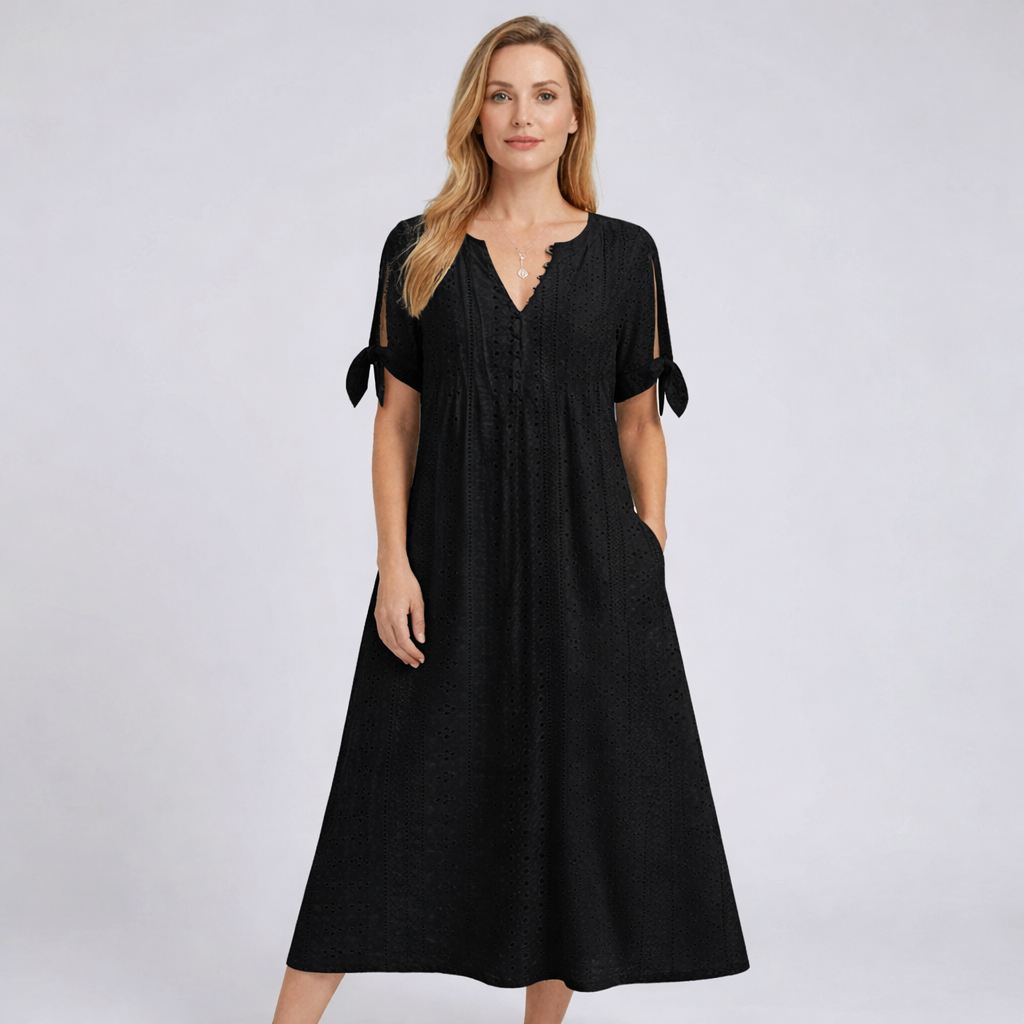LIVIA | Maxi Kleid mit Stickerei und Schleifenärmeln