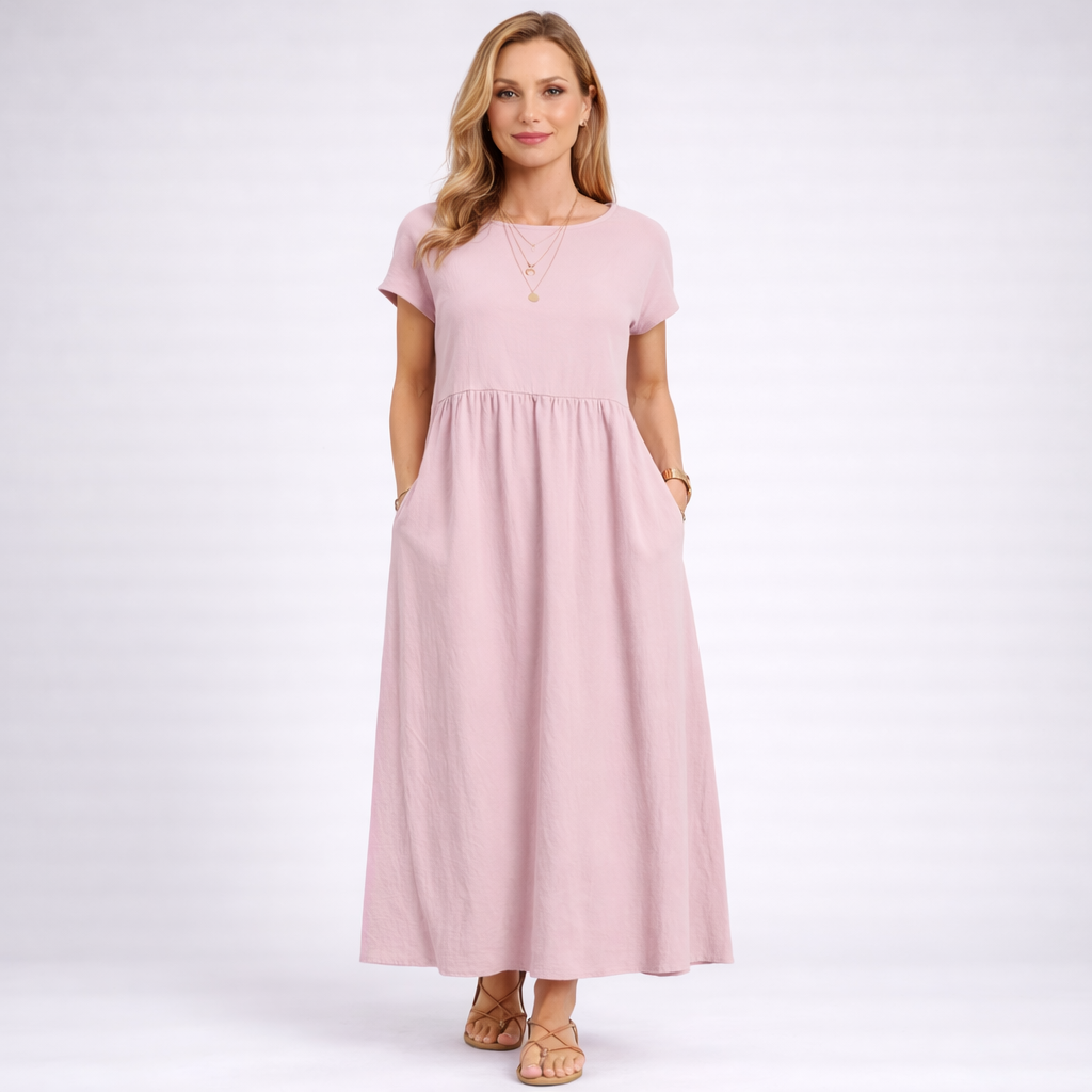 ELVIRA | Maxi Kleid in Minimalistisch Creme mit Taschen
