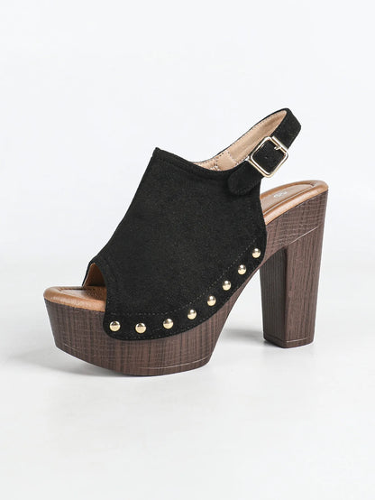 Modische Damen High Heel Sandalen mit Nieten, Samtoberfläche, dicker Absatz, Slip-On Schuhe, bequeme Sommer-Fußbekleidung