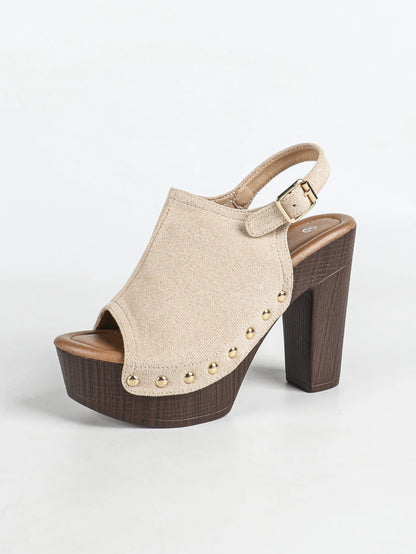 Modische Damen High Heel Sandalen mit Nieten, Samtoberfläche, dicker Absatz, Slip-On Schuhe, bequeme Sommer-Fußbekleidung
