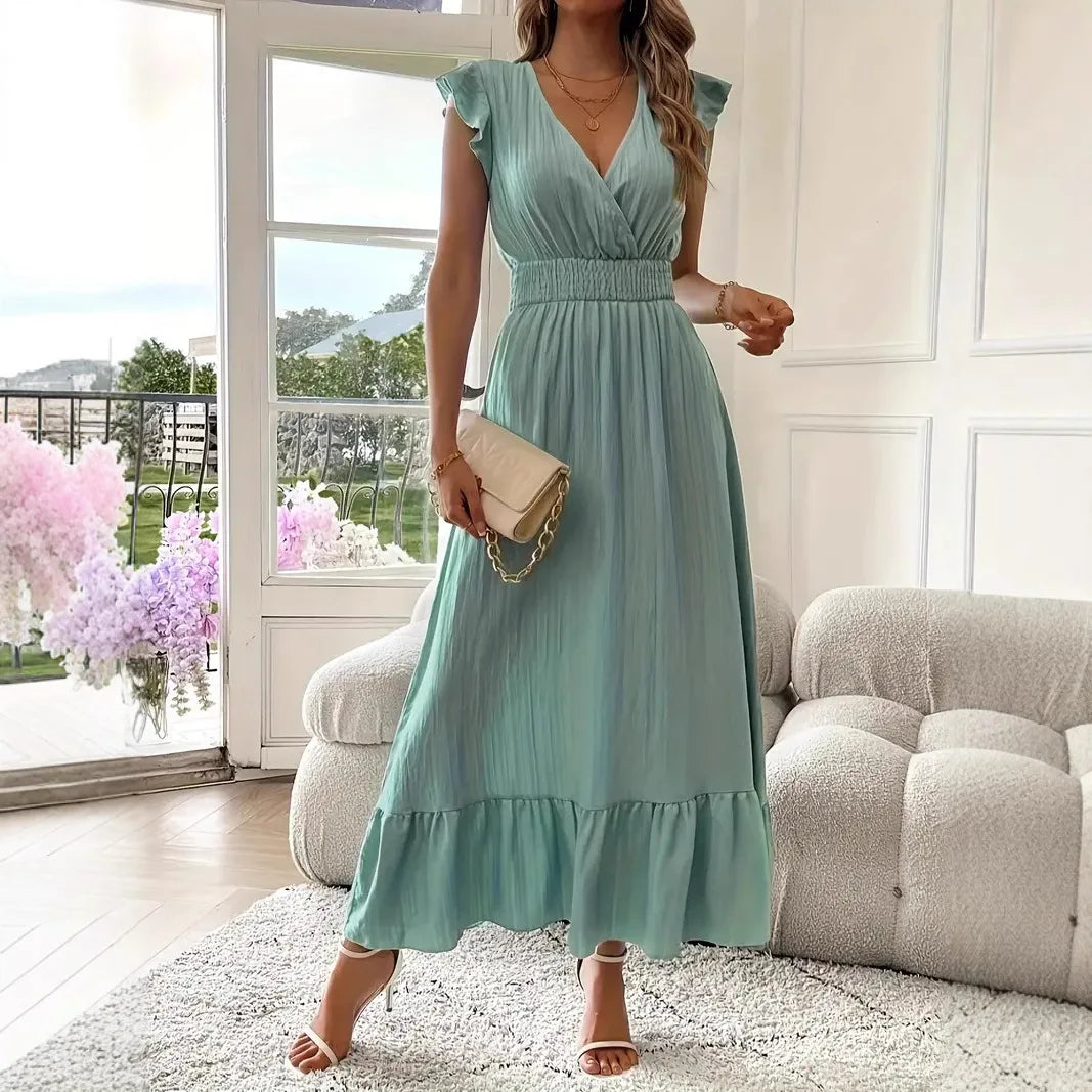 ELIRA | Elegantes Maxi-Kleid mit V-Ausschnitt und Rüschen