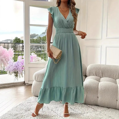 ELIRA | Elegantes Maxi-Kleid mit V-Ausschnitt und Rüschen