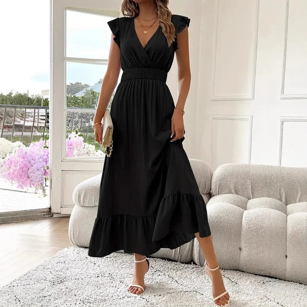 ELIRA | Elegantes Maxi-Kleid mit V-Ausschnitt und Rüschen