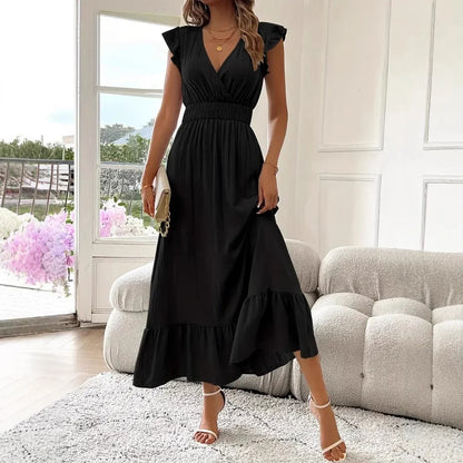 ELIRA | Elegantes Maxi-Kleid mit V-Ausschnitt und Rüschen