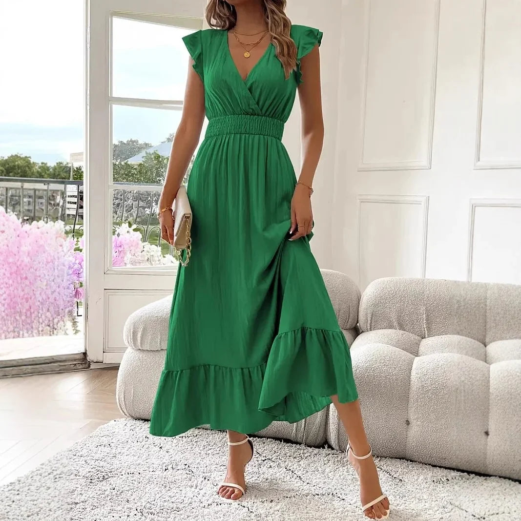 ELIRA | Elegantes Maxi-Kleid mit V-Ausschnitt und Rüschen