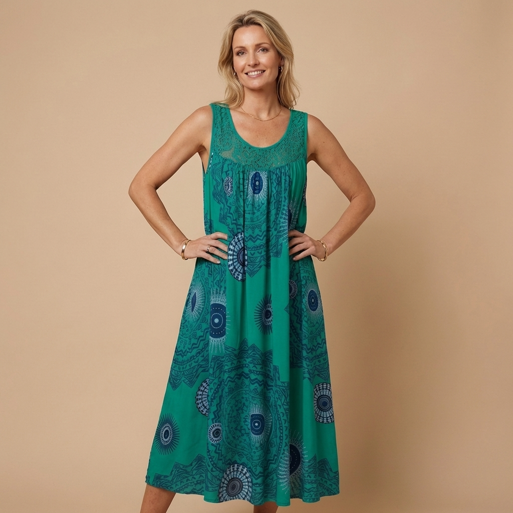 SONNE - Fließendes Midi-Kleid mit Mandala-Print
