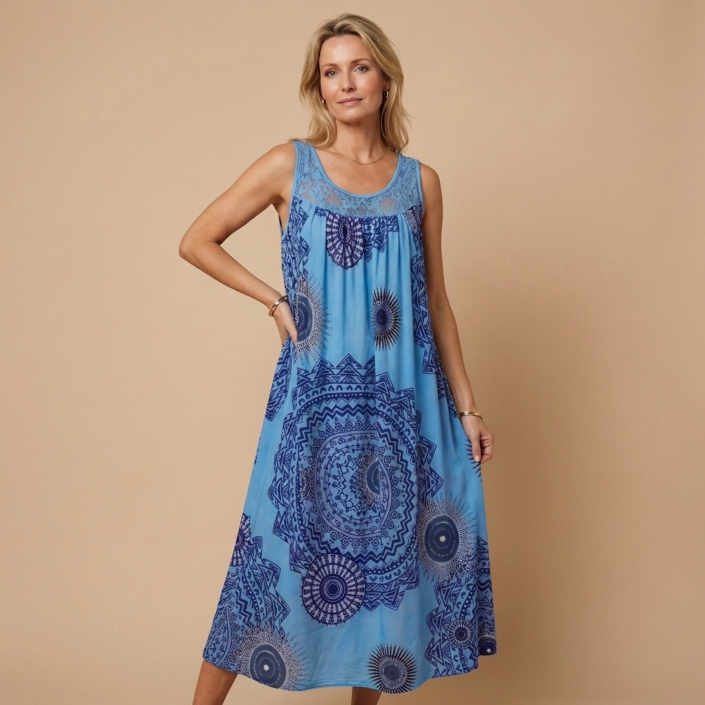 SONNE - Fließendes Midi-Kleid mit Mandala-Print