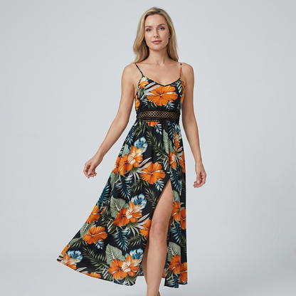 AMELY | Maxikleid mit tropischem Blumenmuster & elegantem Schlitz