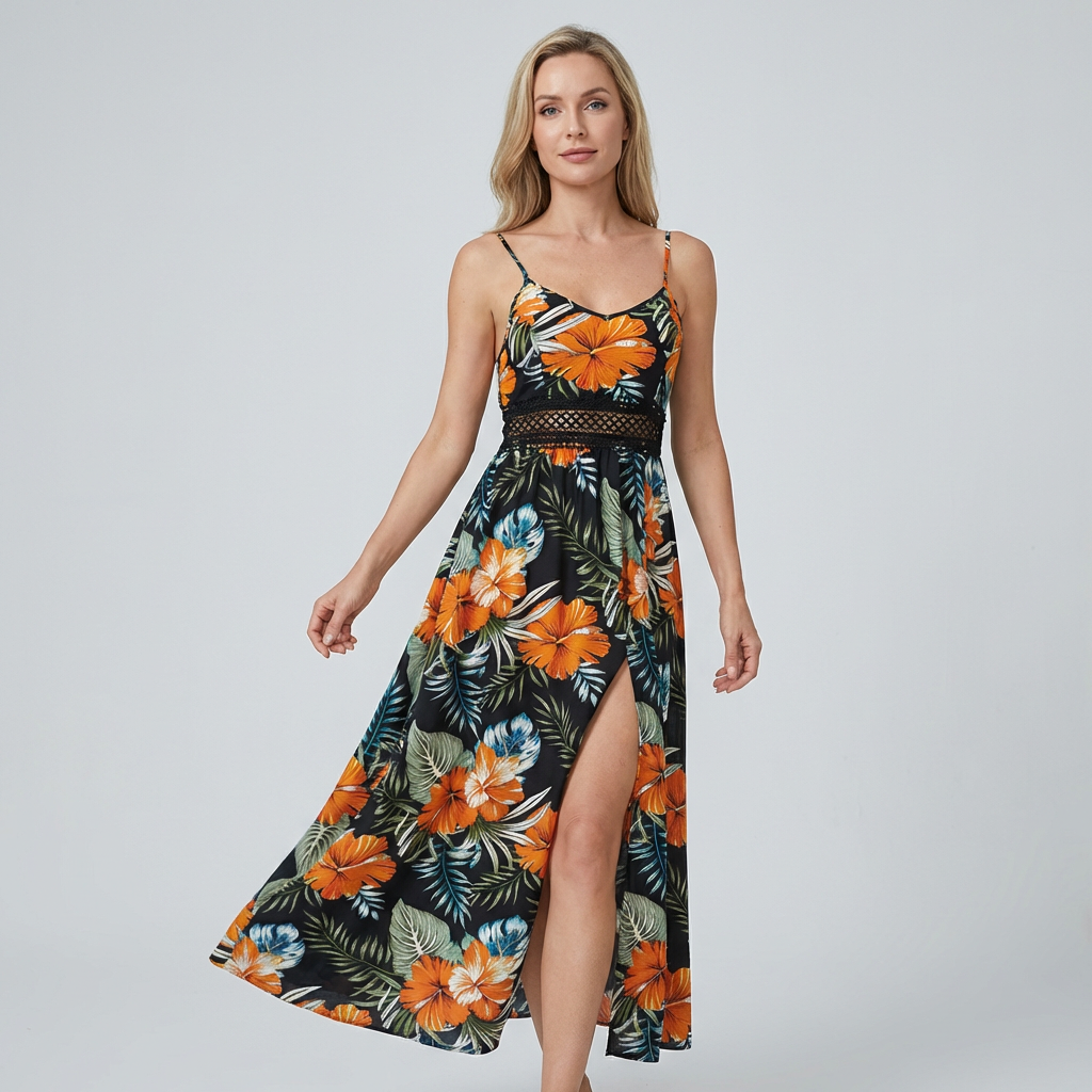 AMELY | Maxikleid mit tropischem Blumenmuster & elegantem Schlitz
