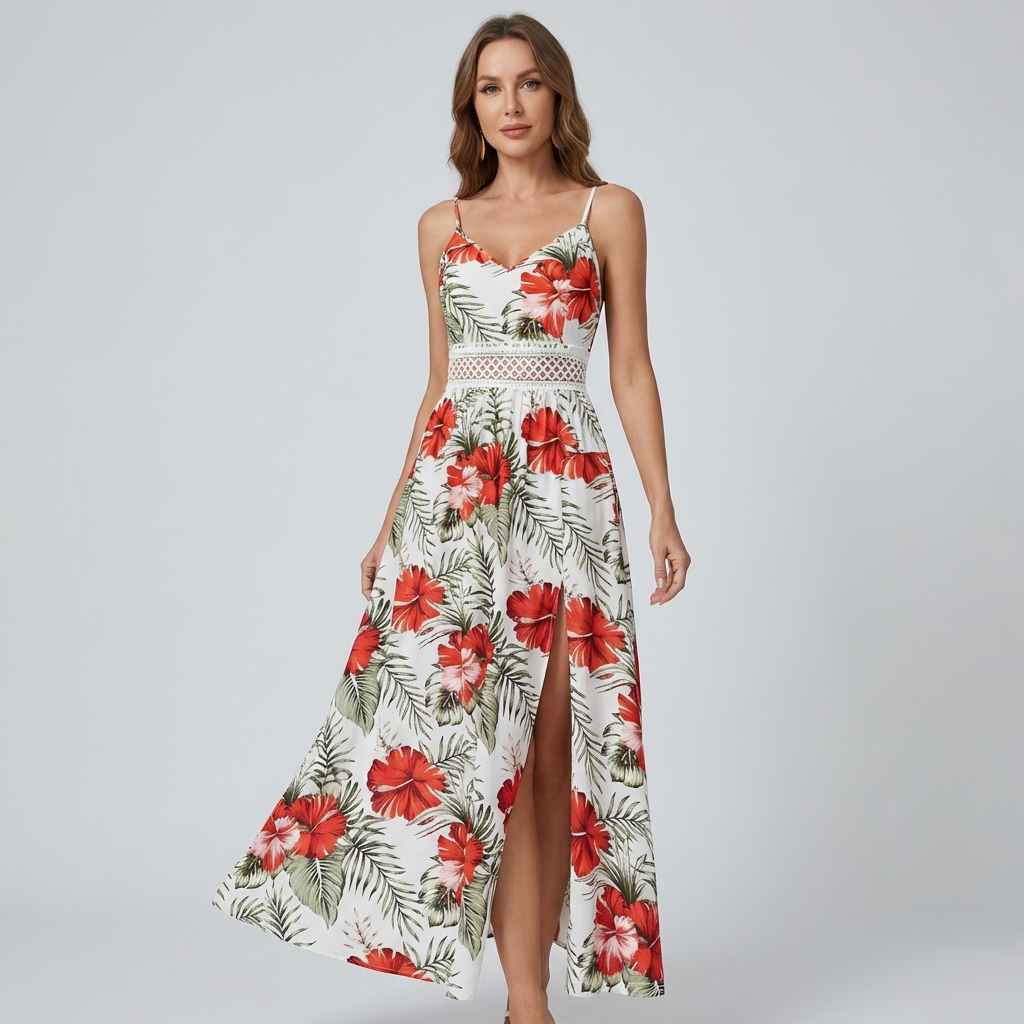AMELY | Maxikleid mit tropischem Blumenmuster & elegantem Schlitz
