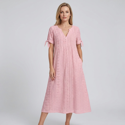 LIVIA | Maxi Kleid mit Stickerei und Schleifenärmeln
