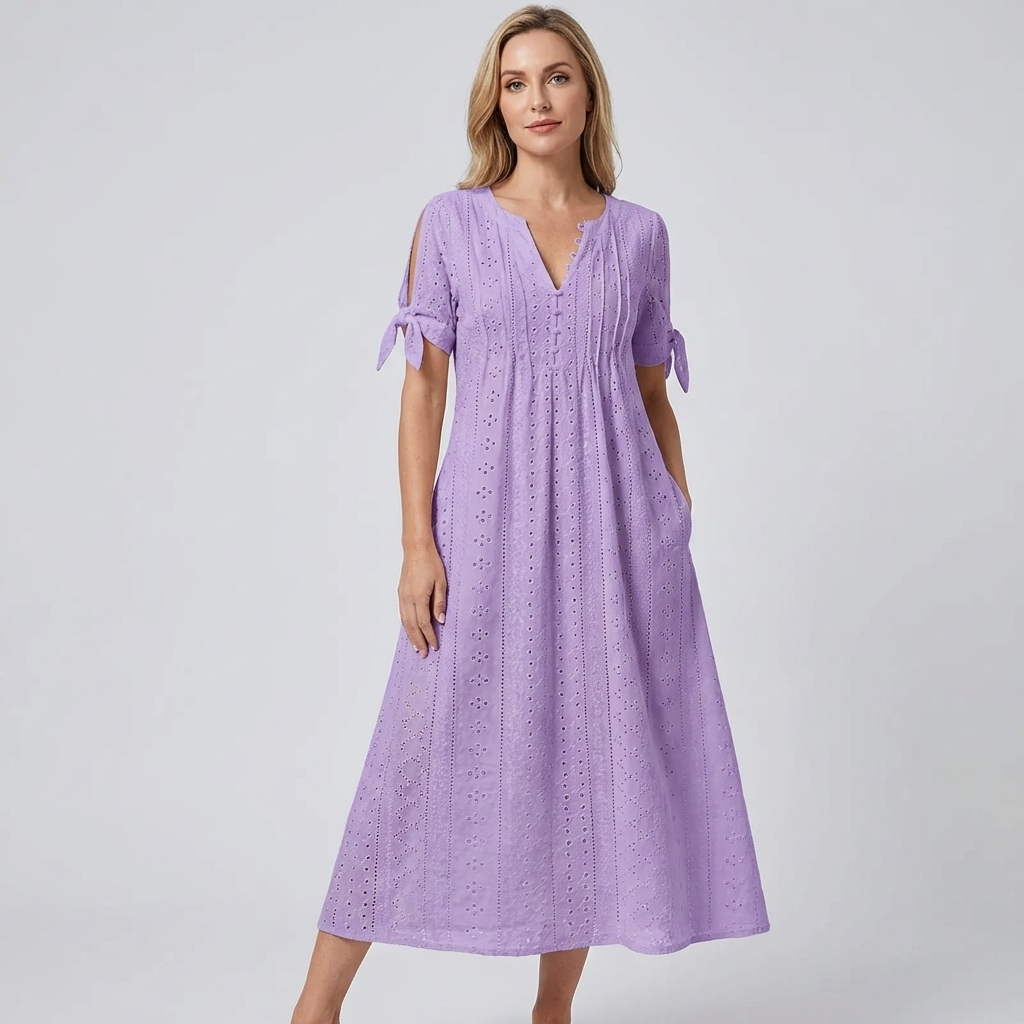 LIVIA | Maxi Kleid mit Stickerei und Schleifenärmeln