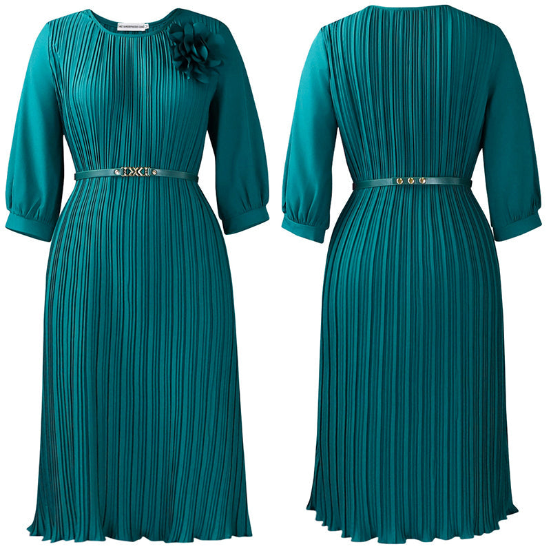 LISA - Damen 3/4-Ärmel Falten Midi Kleid mit Gürtel