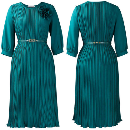 LISA - Damen 3/4-Ärmel Falten Midi Kleid mit Gürtel