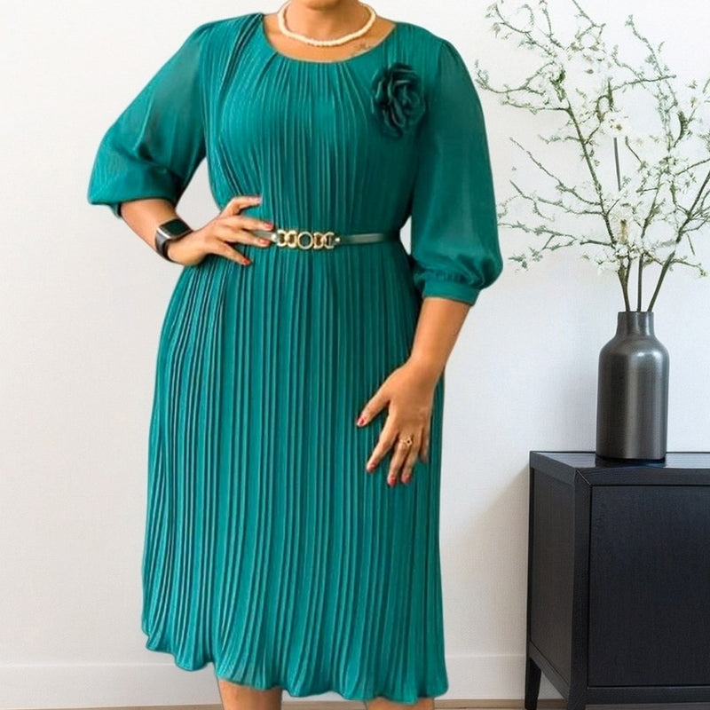 LISA - Damen 3/4-Ärmel Falten Midi Kleid mit Gürtel