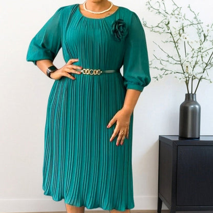 LISA - Damen 3/4-Ärmel Falten Midi Kleid mit Gürtel