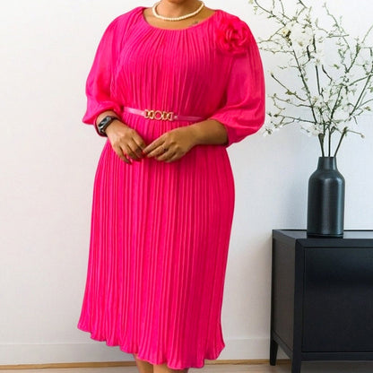LISA - Damen 3/4-Ärmel Falten Midi Kleid mit Gürtel
