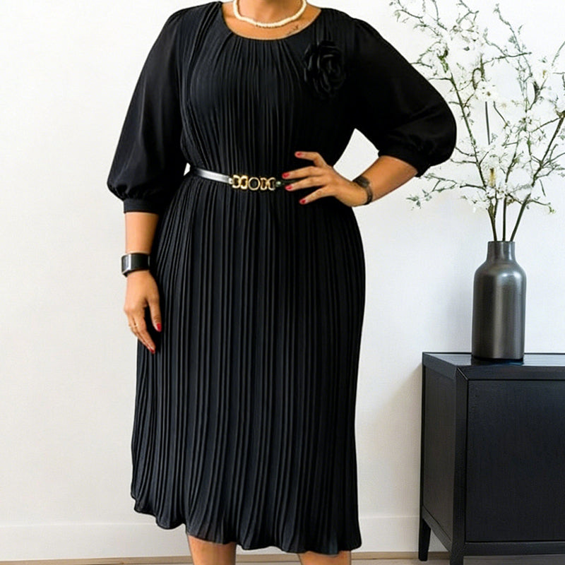 LISA - Damen 3/4-Ärmel Falten Midi Kleid mit Gürtel